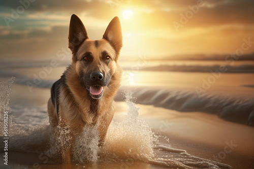 German Shepherd Pleasant Pet Playtime at the Sea Sand Sun Beach  A Dog Savoring the Simple Joys  Human best friends Taking in the Beauty of the Sea  Generative AI