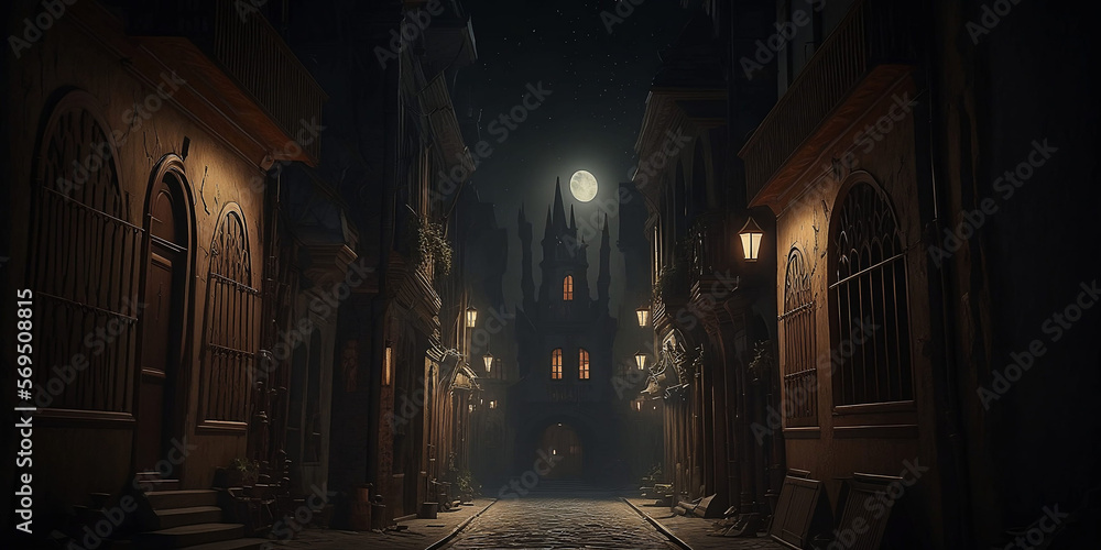 Mystical Autumn Night in Old Ghost Village AI Generative Art - Spooky Foggy Street in a Little Old Town Alley