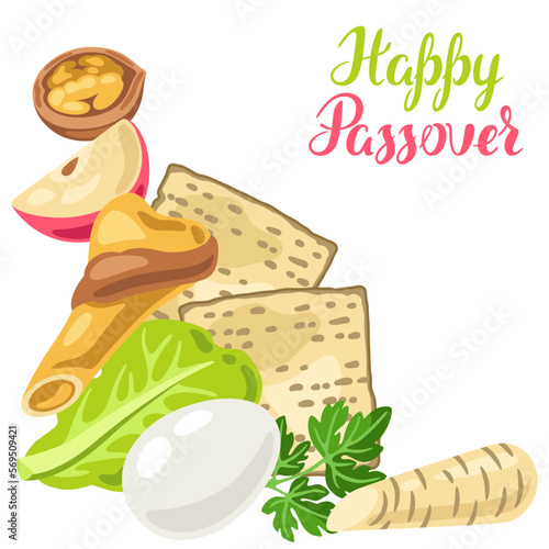 Happy Pesach Jewish Passover plate greeting card. Holiday background with traditional symbols.