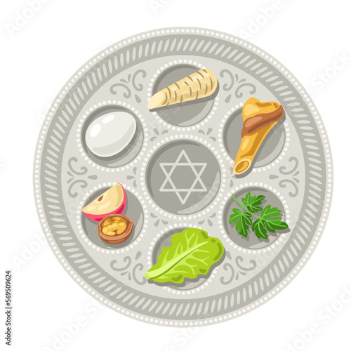 Happy Pesach Jewish Passover plate illustration. Holiday background with traditional symbols.