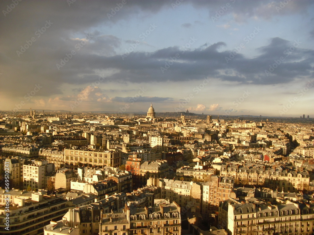 View on a high building in Paris (France) in the evening