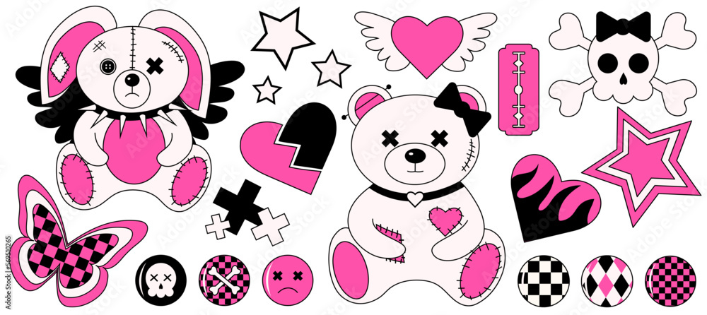 Obraz premium 2000s emo girl kawaii sticker set. Y2K, 90s glamour aestetic in bright pink and black colors