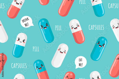 Seamless Pattern with Pills. Kawaii face and quotes. Funny vector illustration for your design of packaging, wrapping, fabric, paper, wallpaper.