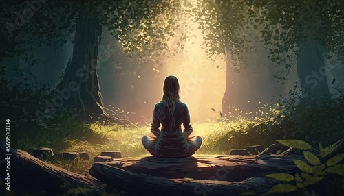 illustration of beautiful young woman with meditating in a beautiful forest as part of a healthy lifestyle, representing travel and the enjoyment of nature.