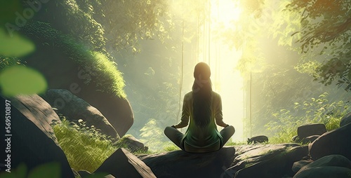 illustration of beautiful young woman with meditating in a beautiful forest as part of a healthy lifestyle, representing travel and the enjoyment of nature.