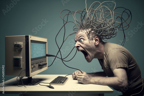 Man with wires coming from his head connected to computer. Social media or internet addiction mental health concept. Ai generated photo