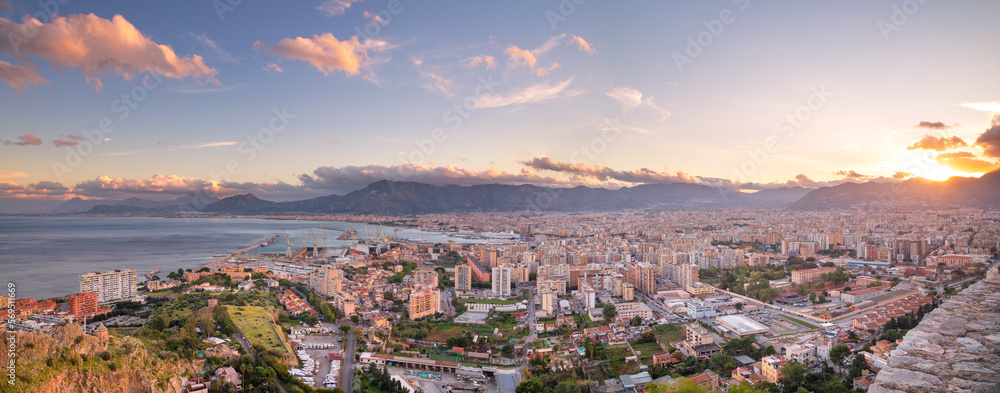 Palermo, Sicily, Italy. Aerial cityscape image of Palermo, Sicily with sea port at sunset.