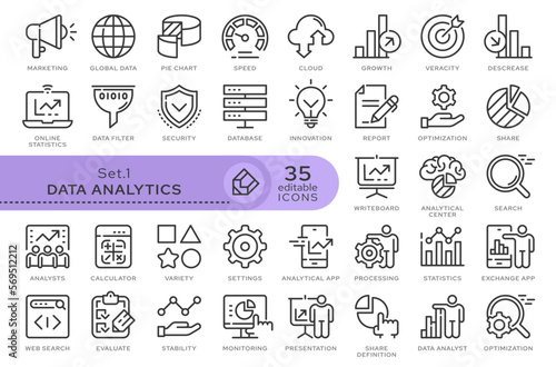 Set of conceptual icons. Vector icons in flat linear style for web sites, applications and other graphic resources. Set from the series - Data Analytics. Editable outline icon. 