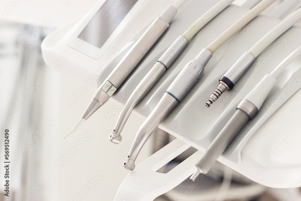 Closeup of a modern dentist tools, burnishers with blurred background. High quality horizontal photo from dentist room.