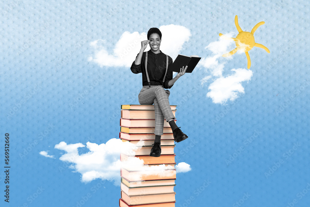Creative magazine poster collage of smart business person sit stack book have personal development trainings Creative magazine poster collage of smart business person sit stack book have personal development trainings