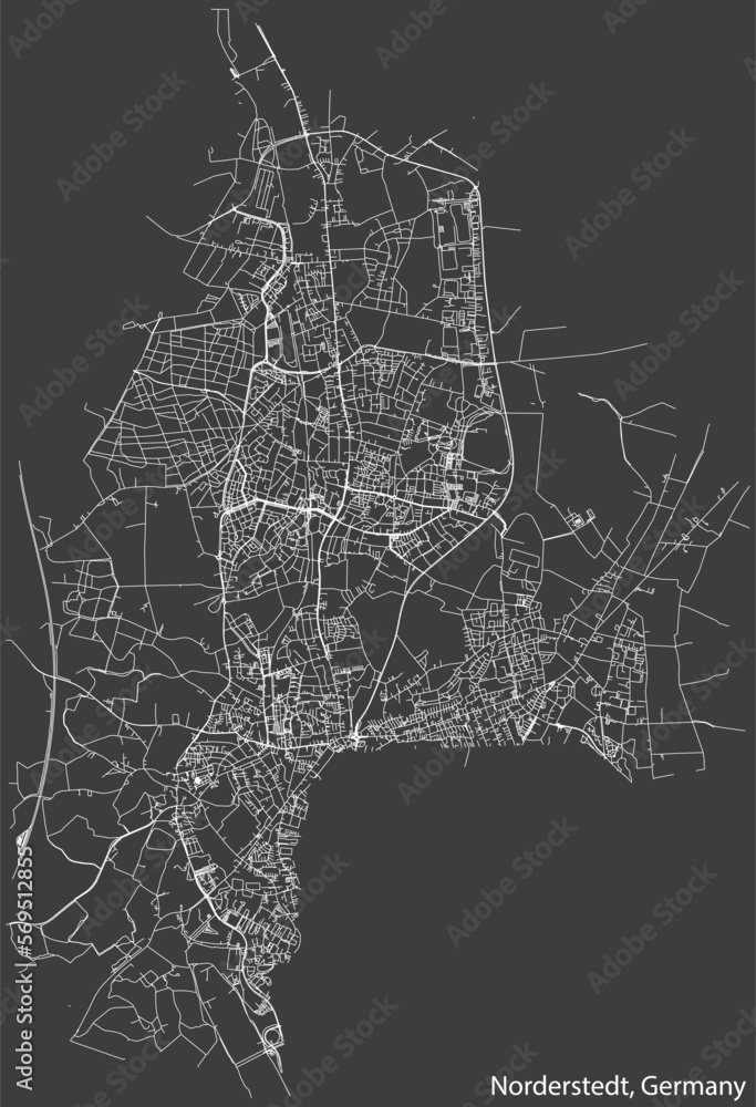 Detailed negative navigation white lines urban street roads map of the German town of NORDERSTEDT, GERMANY on dark gray background