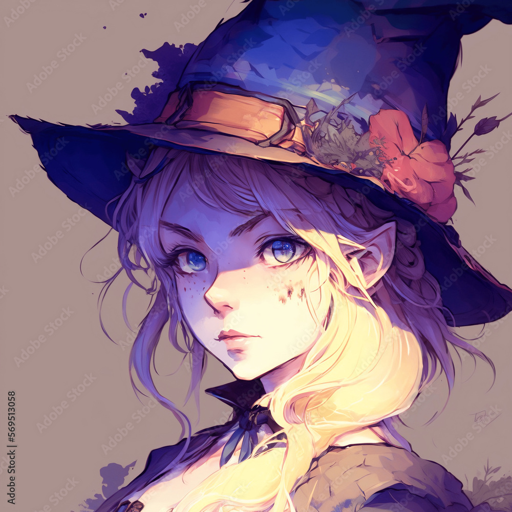 Witch with blonde hair and a large blue witch hat Witch with blonde hair and a large blue witch hat