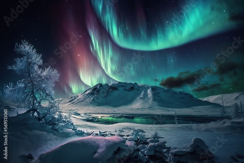 Aurora borealis, northern lights in islands, snowy and ice mountains at night. Starry sky with polar lights. Generative Ai art. Winter landscape with aurora reflected in water © Ara Hovhannisyan