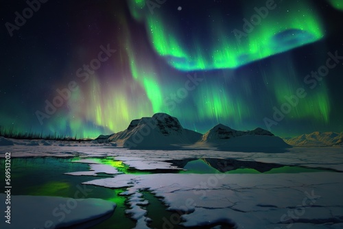Aurora borealis, northern lights in islands, snowy and ice mountains at night. Starry sky with polar lights. Generative Ai art. Winter landscape with aurora reflected in water