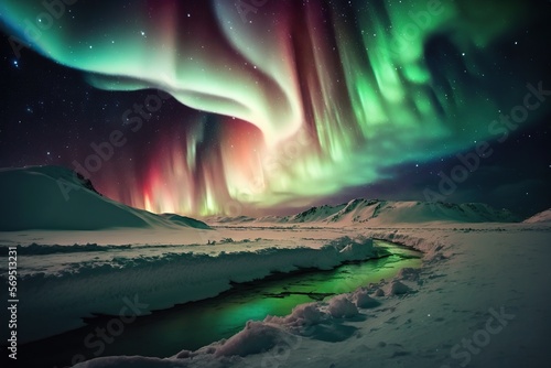 Aurora borealis  northern lights in islands  snowy and ice mountains at night.  Starry sky with polar lights. Generative Ai art. Winter landscape with aurora reflected in water