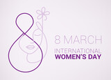 International Women's Day logo minimal design element, with a outline style 8 number crowned by a rose and descriptive text included inside the number on dark pink background. Full Vector Illustration