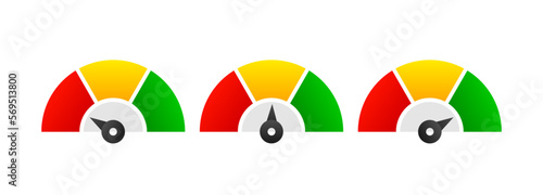 Speedometer and gauge meter collection. Vector scale, level of performance. Green and red, low and high level with arrows. Score progress concept. Vector illustration.