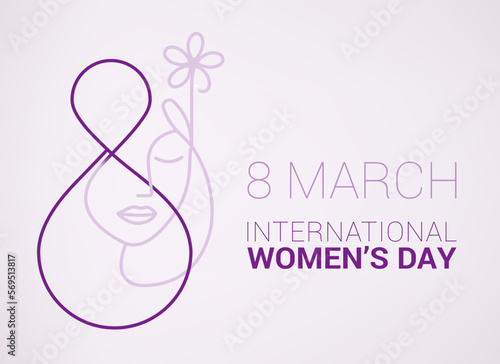 International Women's Day logo minimal design element, with a outline style 8 number crowned by a rose and descriptive text included inside the number on dark pink background. Full Vector Illustration
