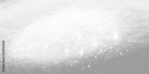 A transparent special effect is highlighted by fog or smoke. White cloud vector, snow storm. Glitter of stars through a snowy haze.