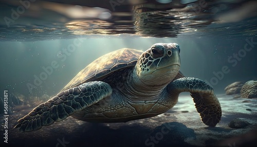 "Graceful sea turtles swim effortlessly in the ocean.