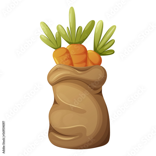 Bag of carrots. Vector illustration with vegetables, cartoon style, isolated background