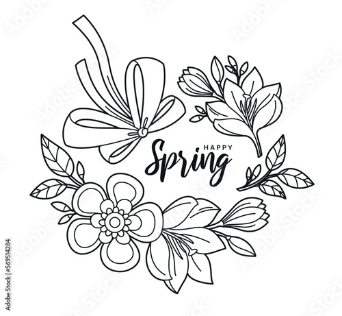 Contour image of  flowers and bow. Elements for coloring and design. Plant elements. Bouquet of flowers. Twig with leaves. Page for coloring book, greeting card, print and poster.