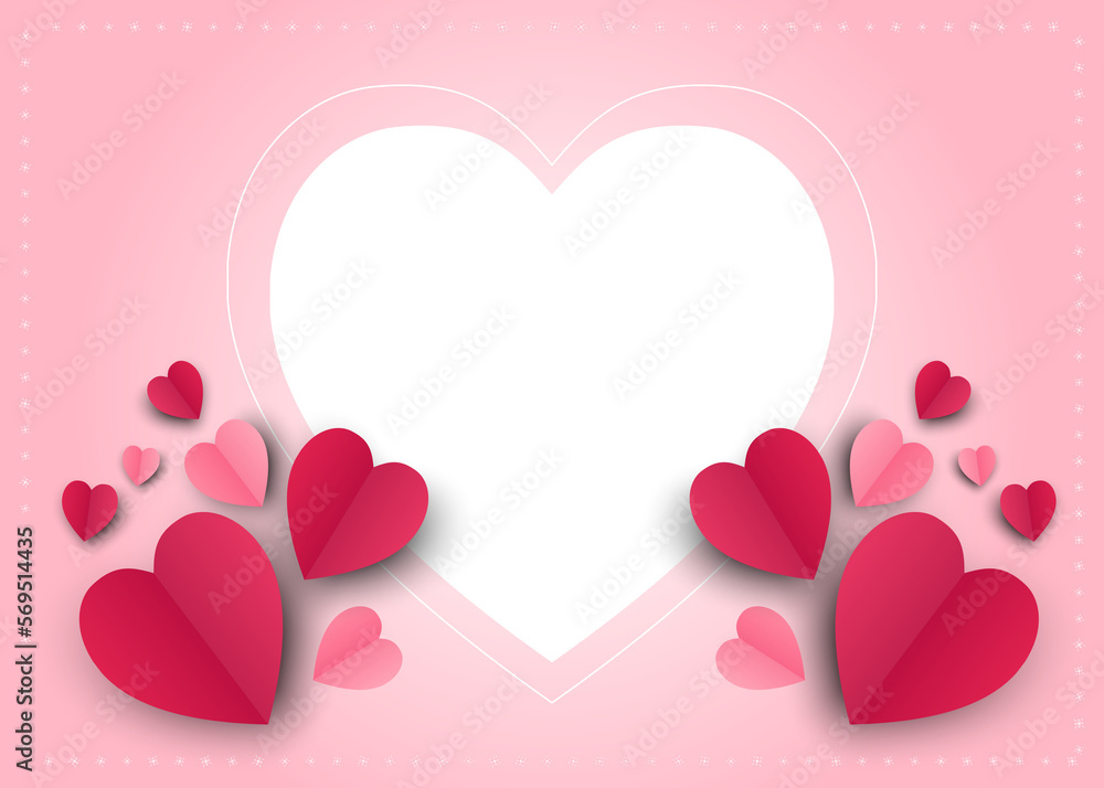 Happy Valentines Day background with paper hearts pink color
