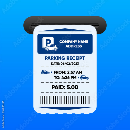 Parking Receipt. Check from parking meter. Price for car stay or entrance and exit ticket from vehicle stand. Parking zone. concept. Vector illustration.