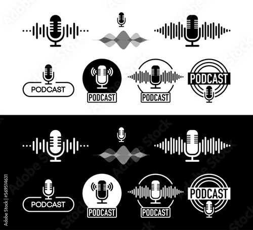 Podcast logo collection in different design. The Podcast radio microphone icon. Studio microphone with webcast. Communication concept. Vector illustration.