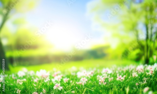 spring green grass and sun nature background created with Generative AI © shital