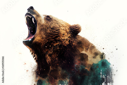 Wild screaming grizzly bear double exposure with paint splatters. Dynamic action pose.
Digitally generated AI image