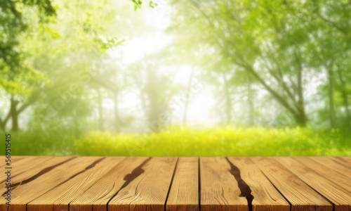 empty wooden table with nature background created with generative AI 