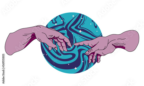 Hands going to touch together against the backdrop of space.  Look like the Michelangelo's art. Cyberpunk and vaporwave style. Vector template of cover, event flyer, club party invitation