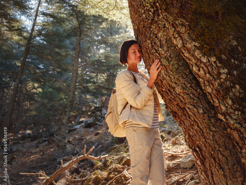 asian woman enjoys being in nature, beautiful forest in mountains. embracing fresh air and engaging in outdoor activities. Friluftsliv concept means spending as much time outdoors as possible asian woman enjoys being in nature, beautiful forest in mountains. embracing fresh air and engaging in outdoor activities. Friluftsliv concept means spending as much time outdoors as possible