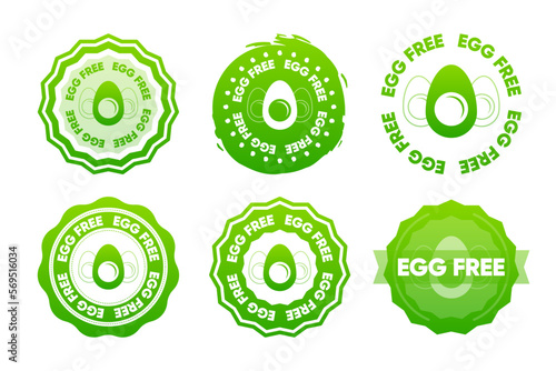 Egg Free icons. The concept of healthy natural organic food. Collection of stamps in various designs. Food packaging decoration element. Vector illustration.
