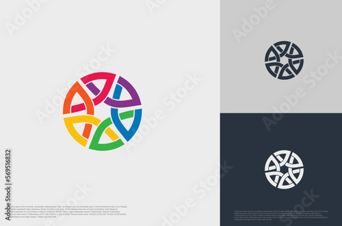 abstract global crown people colorful logo minimalist style illustration. Teamwork symbol.