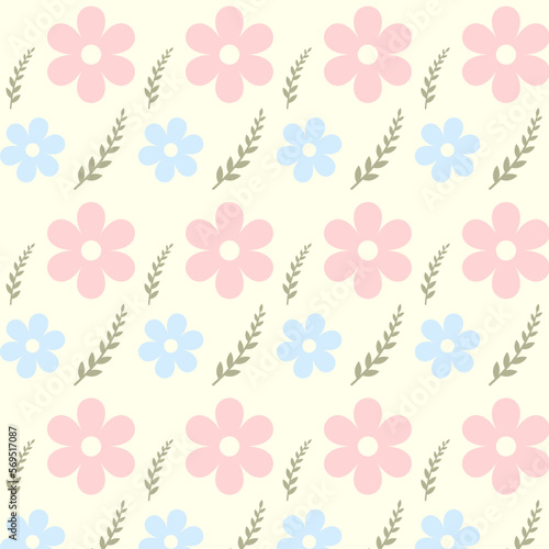 Wallpaper Mural Repeating pattern of blue and pink flowers and plants on a yellow background Torontodigital.ca