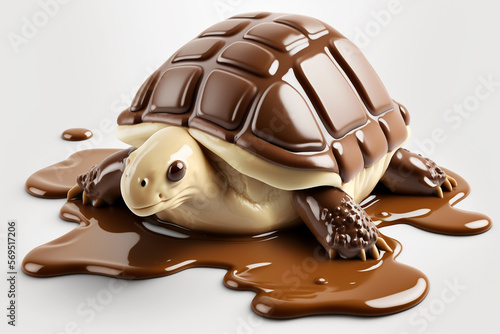 Sweet chocolate turtle on white background. Photorealistic illustration made with generative AI.