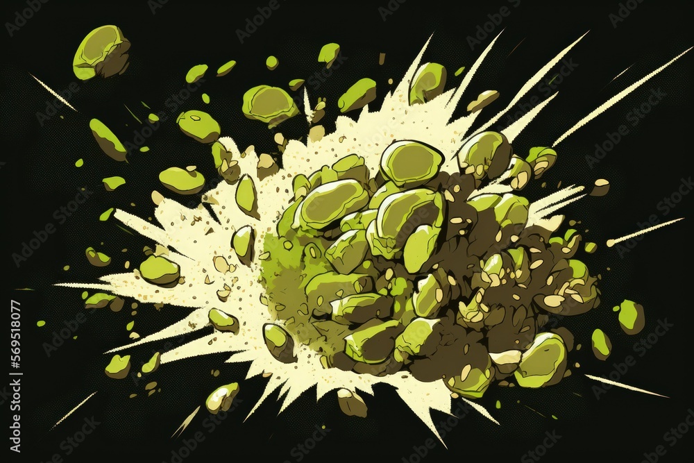Explosion of crushed green pistachios against a dark background