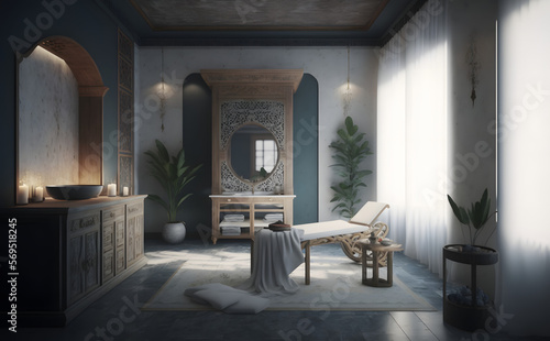 Stylish spa salon interior with massage setup