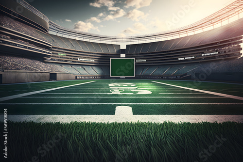 green field in american rugby stadium with lights