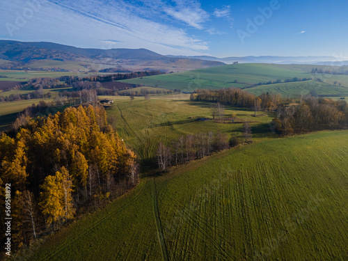 A beautiful view of the Králický Sněžník mountains near the city Králíky. In front of the photography is a hill Hůrka with objects of the former czechoslovak fortress