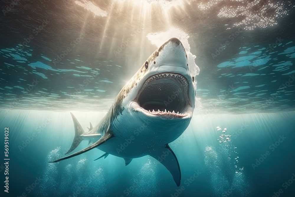 Huge white shark, big mouth open ready to eat. Generative AI. Stock