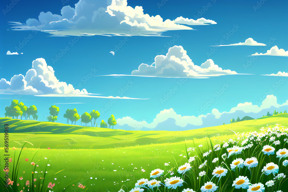 Carton meadow spring landscape background scenery of a springtime green pasture field with a blue summer sky and fluffy summertime clouds computer Generative AI stock illustration image