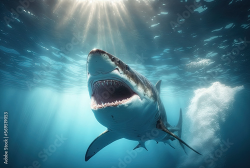 Huge white shark  big mouth open ready to eat. Generative AI.