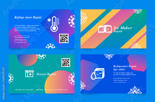 Refrigerator repair ice maker fixing service business card set vector illustration