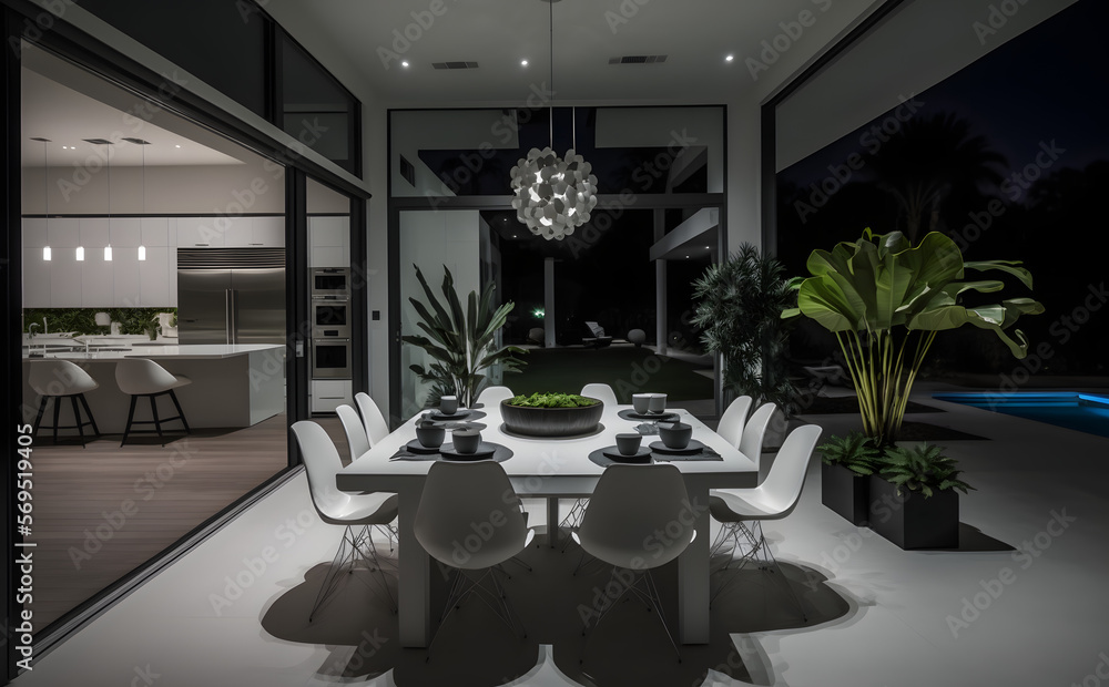 Modern open plan matte black kitchen and dining area. Stock ...