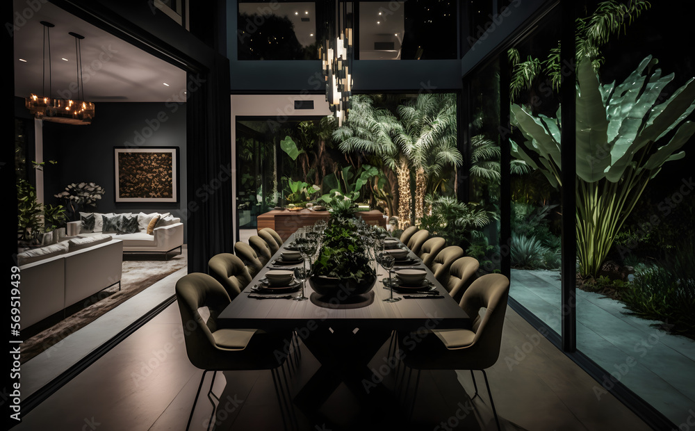 Beautiful open plan matte black kitchen and kitchen island with dining ...