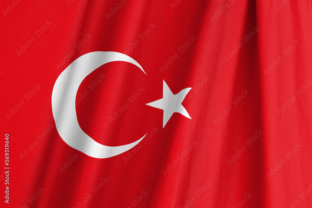 Flag of Turkey waving in the wind. Turkish national ensign. Crescent moon and the star illustration