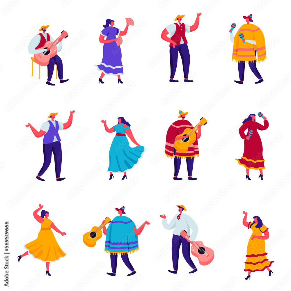 Set of Flat Celebration of a Traditional Mexican Holiday in Colorful Traditional Clothes Characters. Cartoon People Festival Musicians with Guitars, Maracas and Accordion. Illustration.